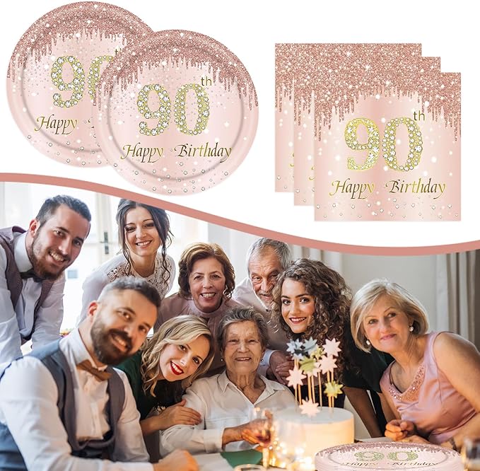 90th Rose Gold Birthday Plates and Napkins, 9 Inch Pink Rose Gold Disposable Dinner Dessert Plates Happy 90th Birthday Party Supplies Decorations for Girls Women
