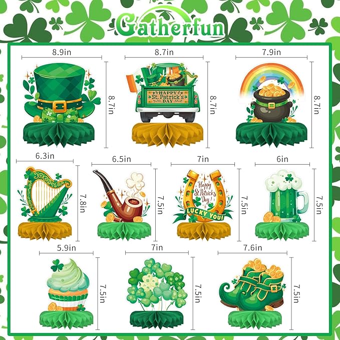 St Patrick's Day Decorations Set - St Patricks Day Honeycomb Centerpieces & Shamrock Beer Table Toppers, for Irish Classroom & St. Patrick's Day Party Supplies