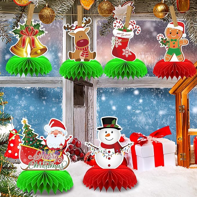 10 Pieces Christmas Honeycomb Centerpiece, Gingerbread Man Snowman Santa Honeycomb Centerpieces Christmas Party Birthday Home Table Toppers Double Sided Decorations