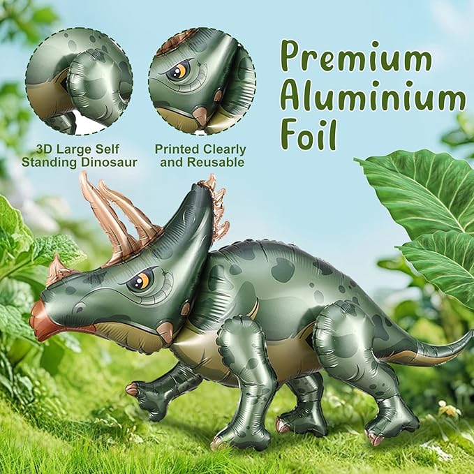 38inch Large Dinosaur Balloons, 3pcs Dinosaur Birthday Decorations Self Standing Triceratops Brachiosaurus Double-crowned Dragon Balloons for Birthday Party Decoration Kit Party Supplies