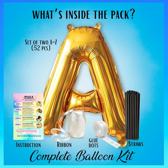 [52pcs] Gold Letter Balloons - 2 Full A-Z Sets For Gold Letter Balloon Banner | Alphabet Ballons | 16 inch Foil Ballon | Customized Name Balloon Letters for a Birthday, Graduation, Wedding Baby Shower