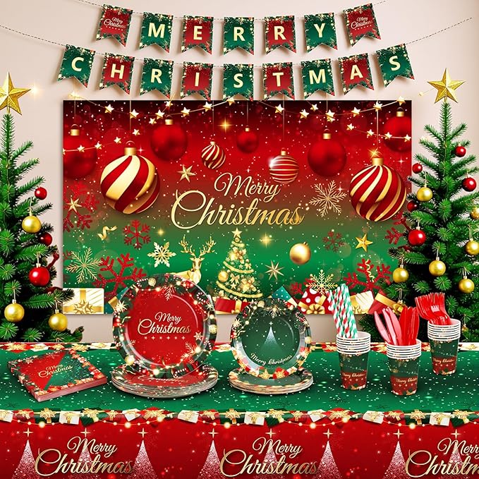 Christmas Party Decorations, Merry Christmas Party Supplies with Xmas Tree and Balls Theme, Disposable Tableware with Paper Plates, Napkins, Cups, Tableclot, Banner, Background Cloth (Serves 20)