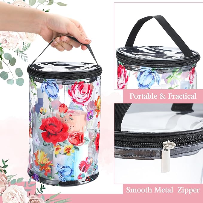 Sanwuta Beach Gifts Heavy Duty Clear Lotion Toiletry Bags for Travel Sunscreen Makeup Cosmetic Pouch Cylinder Bag Waterproof Portable Trip Bag with Handle Zipper(Flowers)