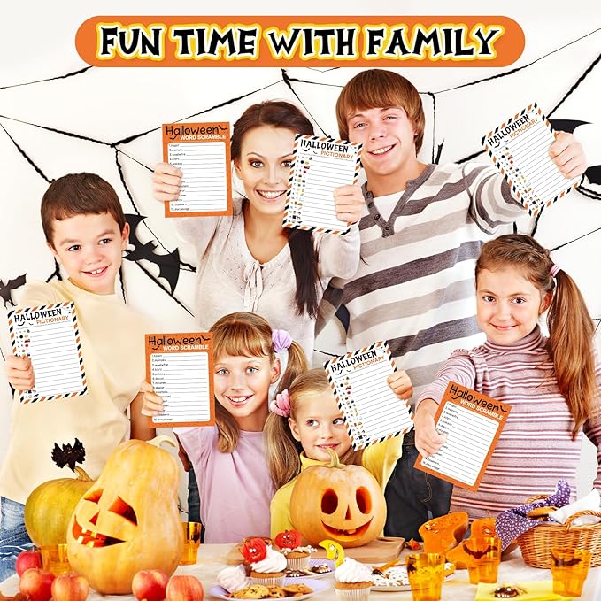 COCHIE 30 Players Halloween Party Games for Adults Family Office Large Groups, Words Pictionary Game, Guesstures Game, Word Scramble Games with Answer Key (Halloween Orange)