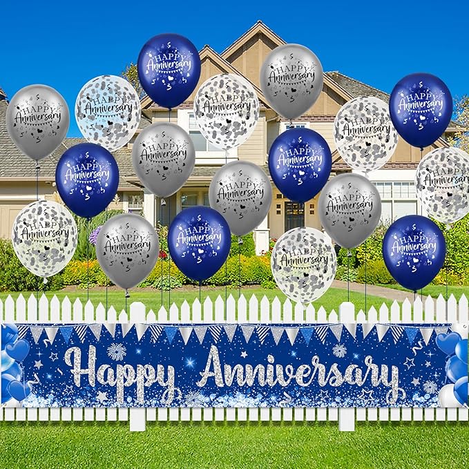 Blue Happy Anniversary Decorations for Men Women, Silver Blue Happy Anniversary Banner and 18pcs Balloons Party Decor for Wedding Anniversary Decorations Kit Supplies