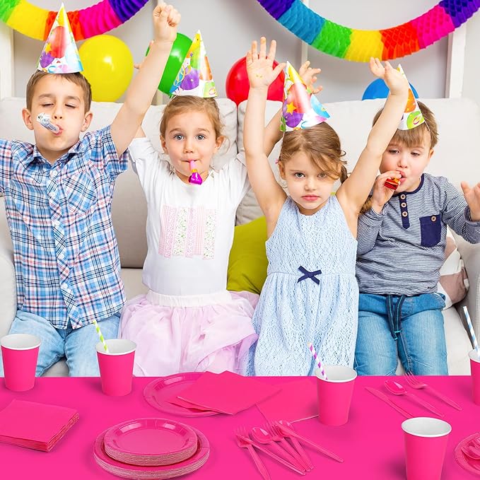 ADXCO 169 Pieces Hot Pink Party Supplies Include Paper Plates Cups Napkins Forks Knives Spoons Waterproof Tablecloth Complete Tableware for Party Decorations