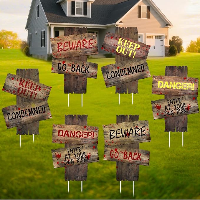 6PCS Halloween Yard Decorations Outdoor Keep Out Warning Halloween Sign Stakes Graves Lawn Bush Decorations Props Outdoor Decor for Haunted House Holiday Party Supplies