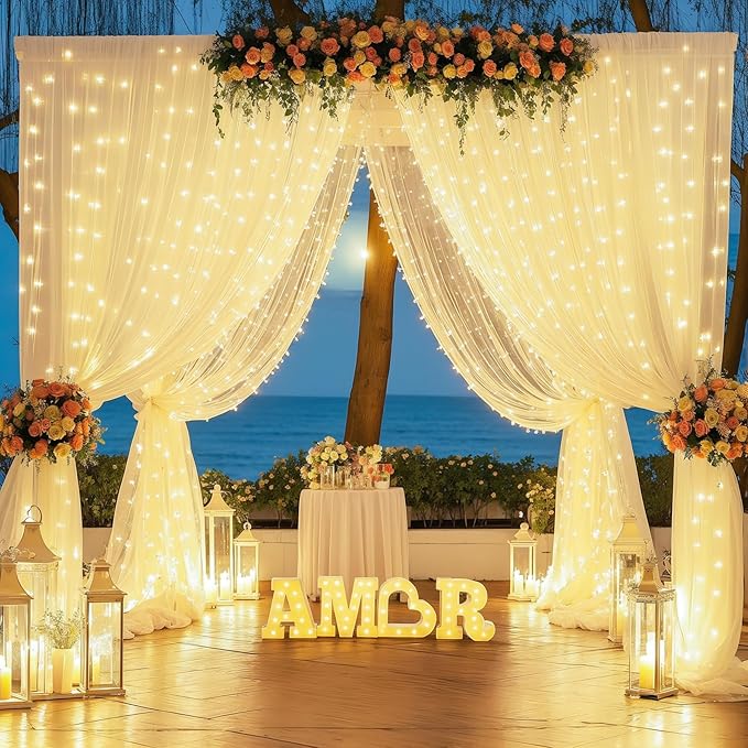10x10FT Beige Wrinkle Free Backdrop Curtains with Lights String for Parties - Photo Curtain Backdrop with Lights for Wedding Decorations, Bridal Baby Shower Birthday Party Photography Background