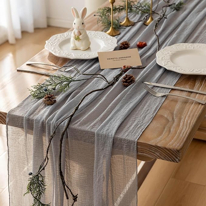 Keketoarrange Dusty Blue Easter Spring Cheesecloth Table Runner Gauze Rustic Cheese Cloth 120 Inch 10 FT for Wedding Baby Bridal Shower Birthday Engagement Party Sheer Boho Home Decorations