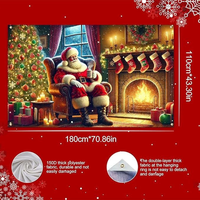 Christmas Banner Santa Claus Fireplace Tree Holiday Wall Decoration Warm Cozy Living Room Scene Background Indoor Outdoor Party Decor for Home 71 X 43 Inches
