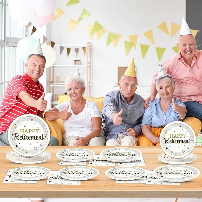 Qyeahkj 200PCS Retirement Party Supplies Happy Retirements Paper Plates Napkins Tableware Set White and Gold Disposable Dinnerware Retired Theme Decoration Favors for Women Men, Serve 50 Guests