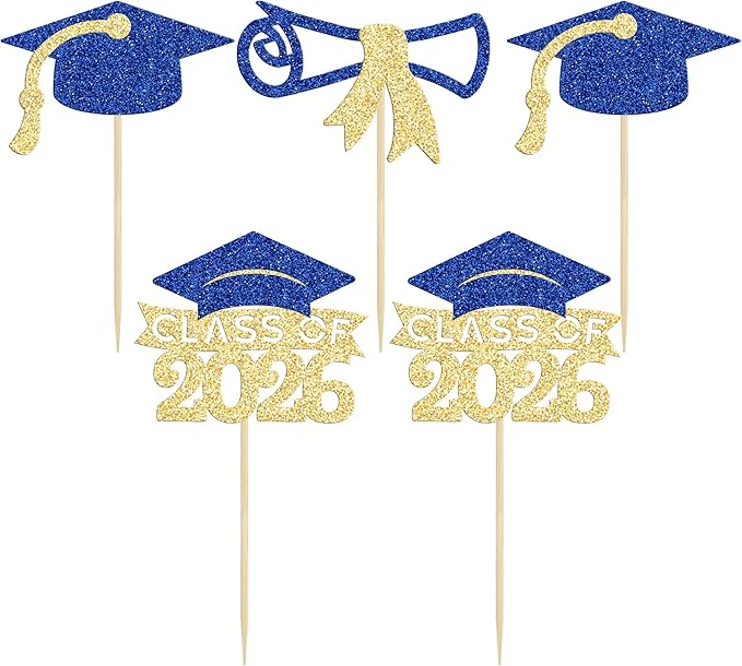 Gyufise 24Pcs 2026 Graduation Cupcake Toppers Glitter Class of 2026 Cupcake Picks Diploma Graduation Cap Cake Decorations for Theme Party Supplies Gold Blue
