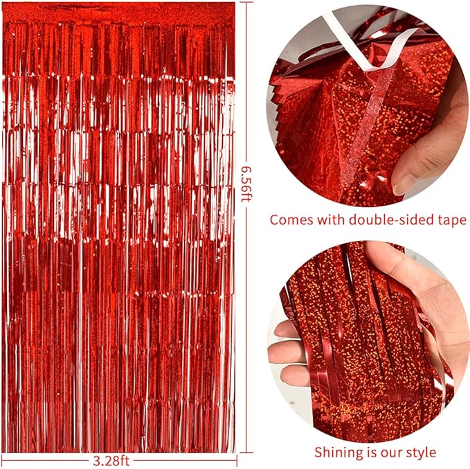 TONIFUL 3Pcs Laser Red Door Streamers,Laser Red Photo Booth Backdrop Metallic Streamers Foil Fringe Curtains for Birthday,Christmas,New Year,Bachelorette,Grad Party Streamers Decor(9.9ft x 6.6ft)