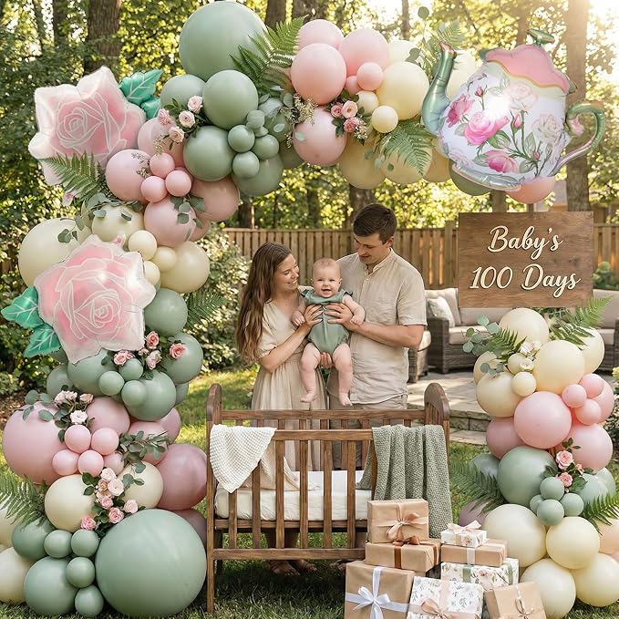146Pcs Tea Party Balloon Garland Kit with Pink Green Yellow Teapot & Floral Balloons for Tea Party Baby Shower Decorations, Garden Party, Bridal Shower, High Tea, Let’s Partea Decor