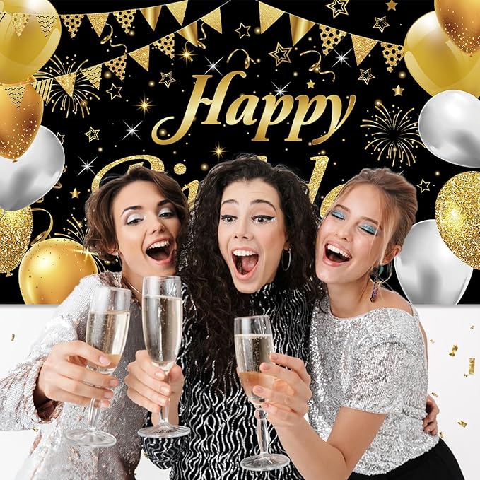 Happy Birthday Banner - Decorations for Men Women Party Welcome Background Sign, Indoor Outdoor (Gold-A)