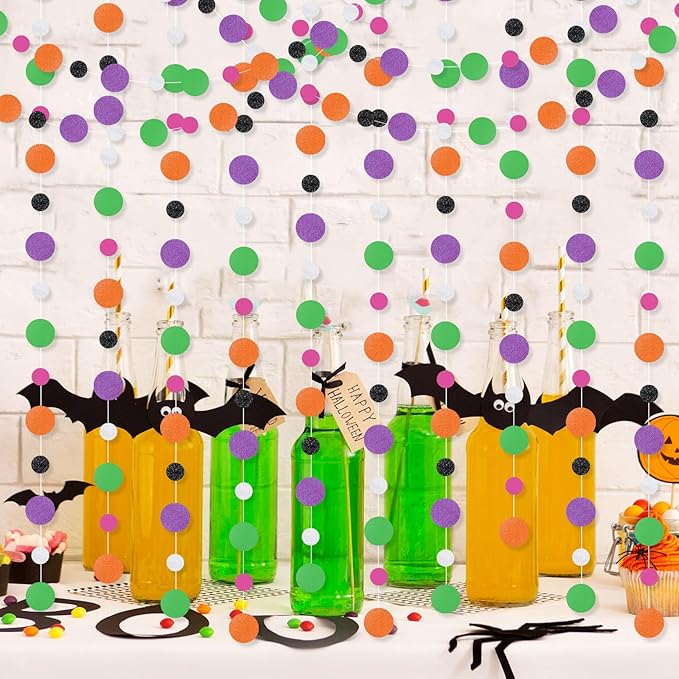 Outus 10 Pieces Orange,Black,Purple,Green,White Round Dots Garland Easter Graduation Party Hanging Decor Each Length 13.1ft Glitter Paper Dot Streamers for Birthday Wedding Classroom