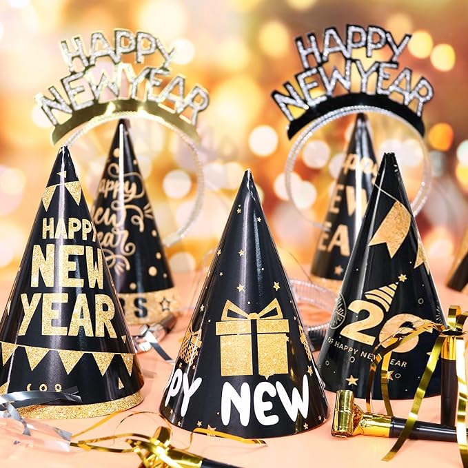 New Years Eve Party Supplies 2026 64PCS Happy New Years Decoration Hats Headband for 2026 Party Props Festival Decorations Count Down NYE Party Supplies Favors (Black-1)