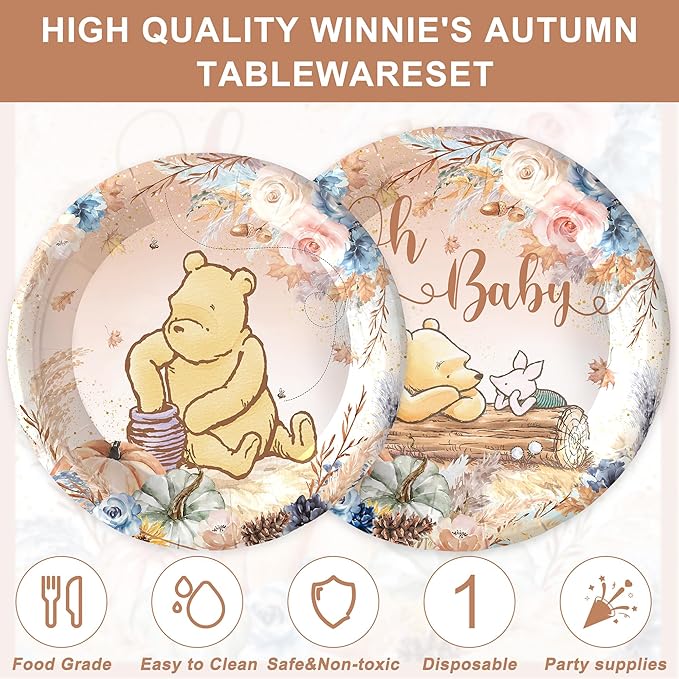 120PCS Fall Vintage Winnie Bear Party for Babyshower Supplies Classic Bohemia Bear Party Autumn Pumpkin Decorations Boho Neutral Winnie 1st Birthday Plates Napkin Cups Tableware Set for 20 Guests
