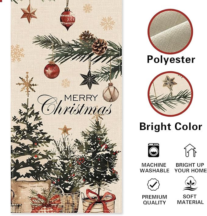 Merry Christmas Tree Dining Table Runner, Xmas Balls Pine Needle Branches Burlap Kitchen Decoration, Winter Holiday Indoor Outdoor Home Decor Party Supply 13 x 72 Inches