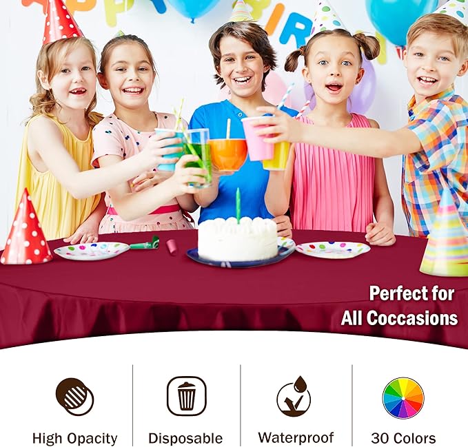 Exquisite Party Solids 6-Pack Premium Plastic Tablecloth 84in. Round Plastic Table Cover - Burgundy