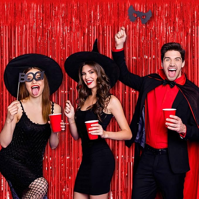 6 Pack Red Foil Fringe Curtains Backdrop, 3.28 x 9.8 Ft Metallic Streamers Tinsel Curtains Background for Photo Booth, Birthday, Halloween, Christmas, Thanksgiving, New Year Party Decorations