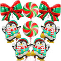 KatchOn, Merry Christmas Balloons Set – Pack of 8 | Peppermint Candy, Penguin & Bow Balloons for Outdoor Christmas Decorations Indoor | Penguin Xmas Decorations | Foil Balloon for Holiday Party Decor