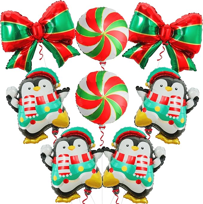 KatchOn, Merry Christmas Balloons Set – Pack of 8 | Peppermint Candy, Penguin & Bow Balloons for Outdoor Christmas Decorations Indoor | Penguin Xmas Decorations | Foil Balloon for Holiday Party Decor