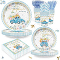168PCS Blue Pumpkin Baby Shower Party Supllies for Boys Floral Birthday Party Decorations Thanksgiving Tableware Plates Cups Napkins Cups Forks Knives and Straws Dinnerware for 24 Guests