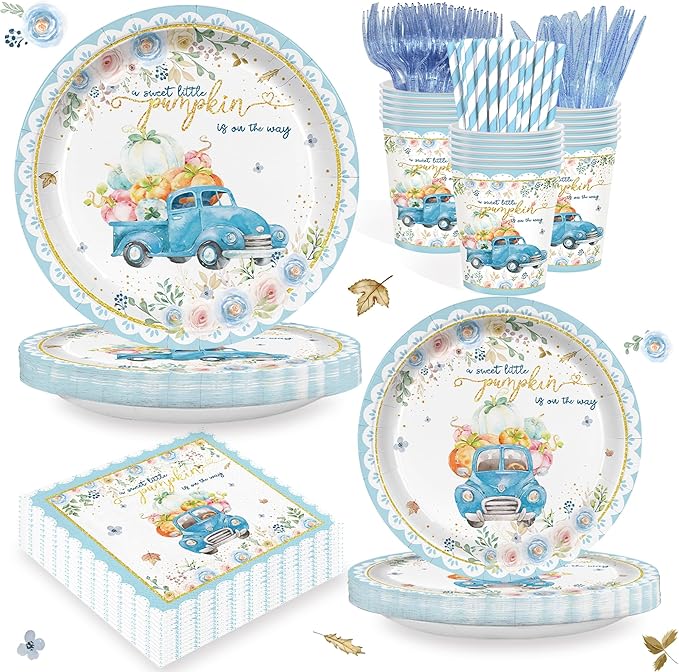 168PCS Blue Pumpkin Baby Shower Party Supllies for Boys Floral Birthday Party Decorations Thanksgiving Tableware Plates Cups Napkins Cups Forks Knives and Straws Dinnerware for 24 Guests