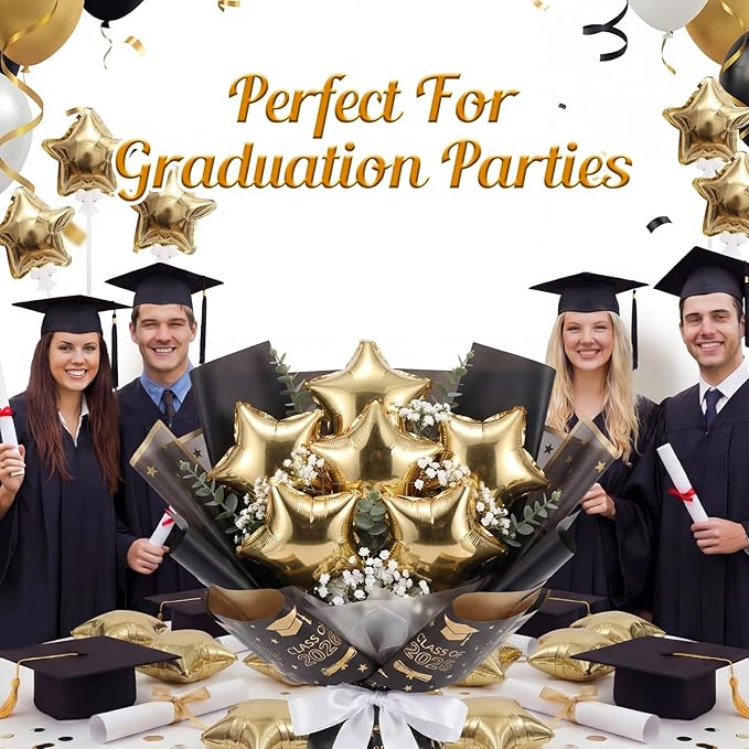 30 Pcs Star Self Inflatable Balloons with Bow Stems Star Foil Balloons Mini Pentagram Decoration for Patriotic Independence Day Graduation Birthday Baby Shower Anniversary(Gold,4 Inches)