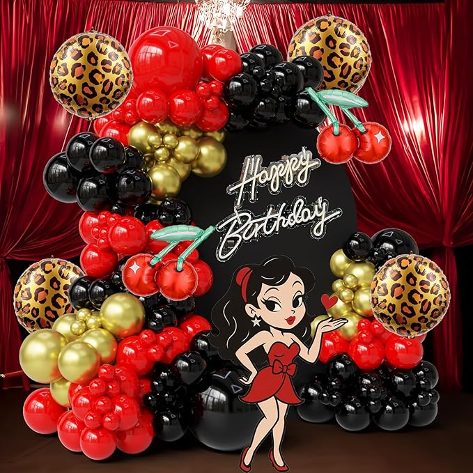 152PCS Cheetah Balloon Arch Garland Kit with Black Red Gold Leopard Print Cherry Balloons for Cheetah Birthday Decorations, Leopard Party Decor, Cherry Theme, Girls Night, Bachelorette