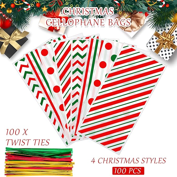 Aneco 100 Pack Christmas Cellophane Bags Classic 10.6 x 5.1 Inch Red Green Plastic Candy Bags Gift Goodie Bag with Twist Ties for Christmas Birthday Gift Cookie Snack Packing Party Favor Supplies