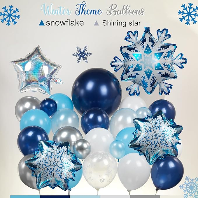 Winter wonderland balloon garland arch kit 140pcs Navy Blue White Silver with mylar snowflake star balloons for winter 1st birthday Boy baby shower snow queen Merry Christmas theme party decorations