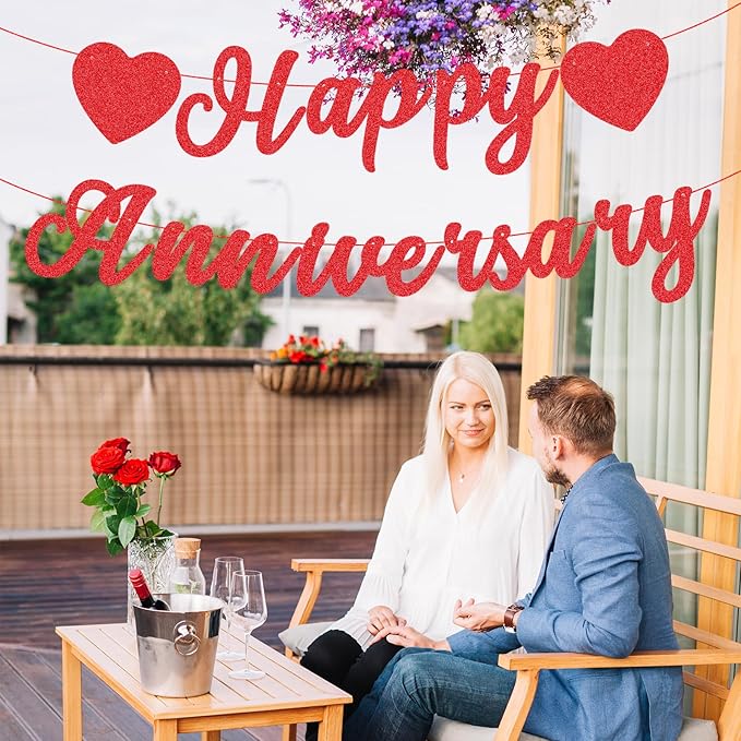 Red Glitter Happy Anniversary Banner - Pre-Strung Cardboard Letter Sign with Heart Garland for Couples Wedding Anniversary Love Party Supplies, and Romantic Special Night Bedroom Decorations