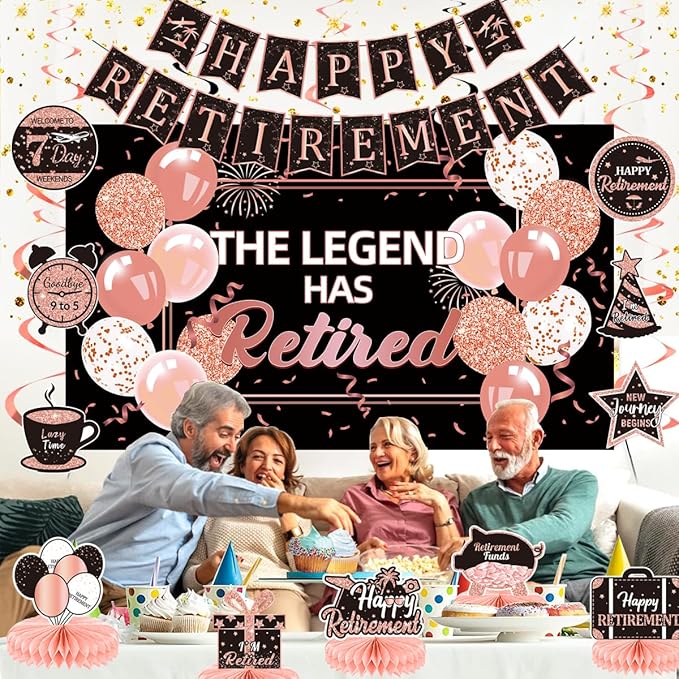 Happy Retirement Party Decorations Men Women, Rose Gold Retirement Party Decorations, Happy Banner, Backdrop, Hanging Swirls, Honeycomb Centerpiece