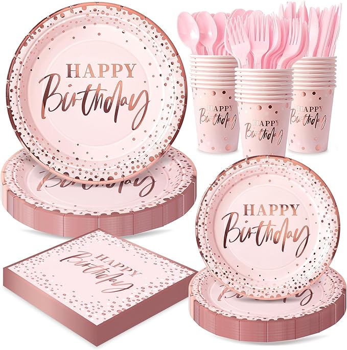 Pink and Rose Gold Happy Birthday Party Plates Set, 168PCS Dots Paper Plates Napkins Cups and Pink Cutlery, 24 Set Disposable Tableware for Birthday Baby Shower Party Decorations