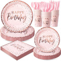Pink and Rose Gold Happy Birthday Party Plates Set, 168PCS Dots Paper Plates Napkins Cups and Pink Cutlery, 24 Set Disposable Tableware for Birthday Baby Shower Party Decorations