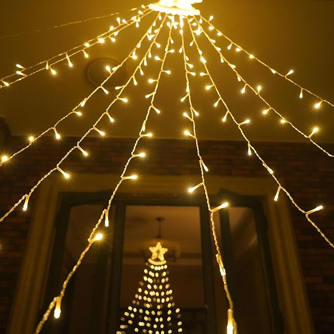 Outdoor Christmas Decorations 350 LEDs Christmas Lights with 9 Strands 11.5ft Waterfall Christmas Tree Lights, 8 Modes,Waterproof,Topper Star for Yard Patio Xmas Wedding,Party,New Year (Warm White)