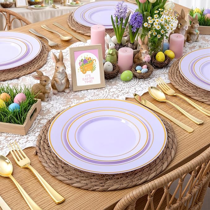 350PCS Purple Plates Disposable - Purple Plastic Plates 50Guests Lavender Disposable Dinnerware Sets with Rolled Napkins for Wedding/Birthday/Baby Shower/Easter