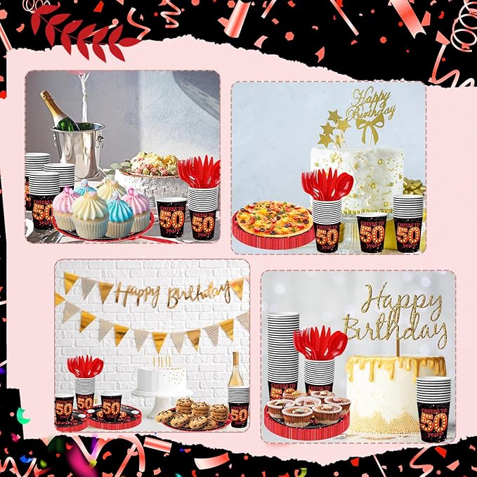 240 Pcs 50th Birthday Decorations 1976 Birthday Party Tableware Include Plates Napkins 9oz Cups Cutlery 50th Anniversary Party Supplies for Men Women Him Her, Serve 30 Guests (Black Red)