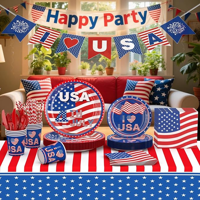 4th of July Decorations,194Pcs 4th of July Party Supplies Set,Patriotic Decor for Independence Day Includes Plates,Napkins,Cups,Banner,Tablecloth,Knives,Forks,Spoons and Straws (Serves 24)