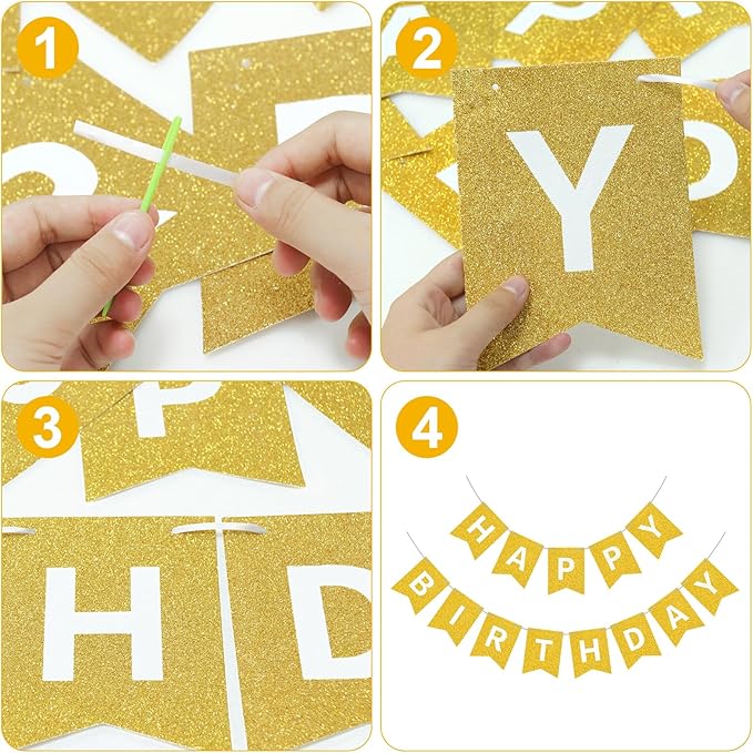 Gold Happy Birthday Banner Sign for Backdrop Gold Happy Birthday Decorations for Women Men Kids Golden Party Banner Garland Wall Door Bunting Flag