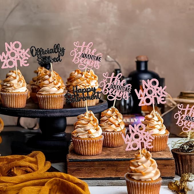 24Pcs Happy Retirement Cupcake Toppers Officially Retired Cake Toppers No Work Zone Adventure Begins Cupcake Picks Retirement Theme Farewell Birthday Party Decorations Supplies Pink Black