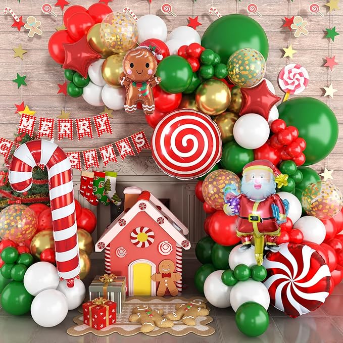 Christmas Balloon Garland Arch Kit, Christmas Red White Green Balloons with Santa Claus Gingerbread Lollipop Cane Windmill Star Foil Balloons, Metalic Gold Balloon for Xmas Party Decorations