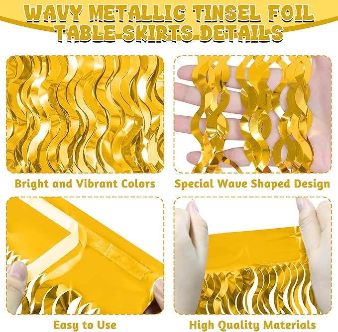 Table Skirt, 2 Pack Gold Foil Grass Table Skirt, New Years Metallic Wavy Tinsel Foil Fringe Table Skirts, Table Skirts for Irish Holiday Mardi Gras Graduations New Years Birthday Party Decor
