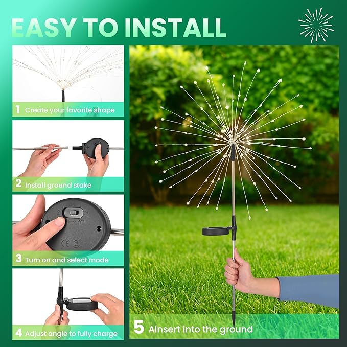 4 Pack St. Patrick's Day Solar Lights Outdoor, Solar Garden Lights Outside Fairy Firework Decorative,Solar Powered for Wedding,Yard Pathway Party Balcony Patio Decor (Green