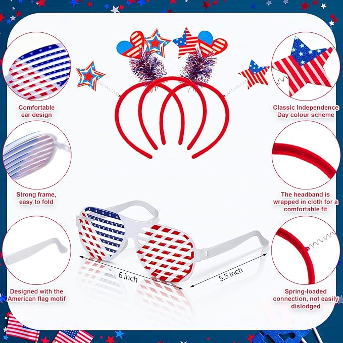 Honoson 48 Pcs 4th of July Accessories USA 250th Anniversary Party Favors Include 24 Patriotic Shutter Glasses 24 Head Boppers American Flag Sunglasses for Independence Day Veterans Day Supplies