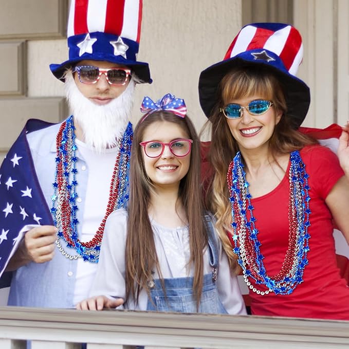 HOOSUN 4th of July Beads Necklaces,24 Pcs Patriotic Beads Necklaces Red Silver and Blue Accessories,Fourth of July Decorations,Memorial Day Accessories for Party Favors, Parades,Party Decor Supplies