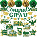 Green Graduation Decorations 2026, Glitter Congrats Grad Banner Hanging Swirls and Tissue Pom Poms, Green and Gold Graduation Decorations for Class of 2026 College Graduations Party Decorations