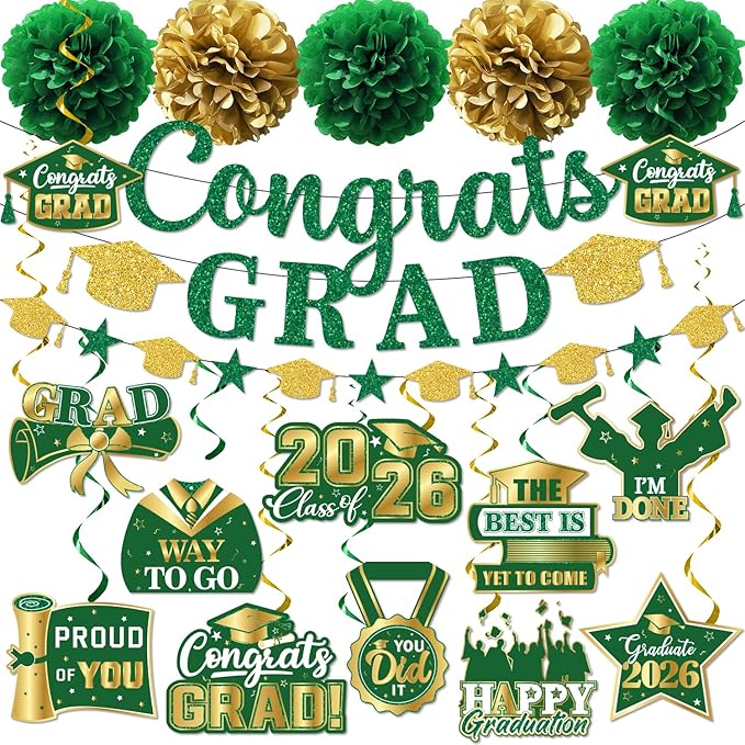 Green Graduation Decorations 2026, Glitter Congrats Grad Banner Hanging Swirls and Tissue Pom Poms, Green and Gold Graduation Decorations for Class of 2026 College Graduations Party Decorations